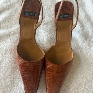 Casadei Brown Textured Pointed-Toe Slingback Heels